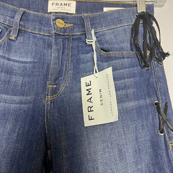 NWT FRAME Women’s Jeans Sz 27 Le Skinny De Lace-Up Raw Ankle Hem Dark Wash - Picture 10 of 15